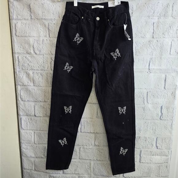 PacSun Women's Black Butterfly Bedazzled High Rise Slim Button Fly Jeans NWT 25 - Picture 1 of 15